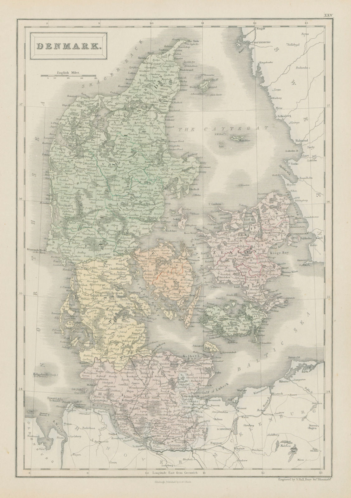 Denmark, including Schleswig/Sleswick & Holstein. SIDNEY HALL 1856 old map